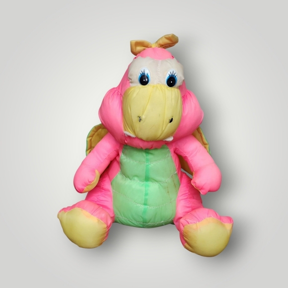 Vintage Other - Vintage Gibson Greetings Neon Pink Dino Dragon Stuffed Animal Plush puffaLump